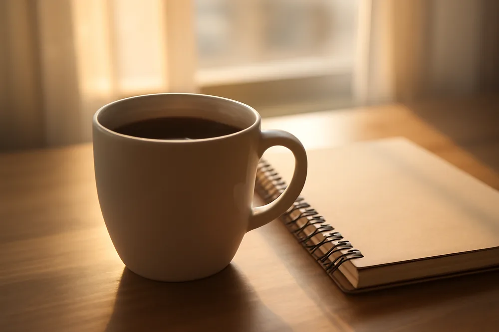 Xícara de café ao lado de um caderno na luz da manhã