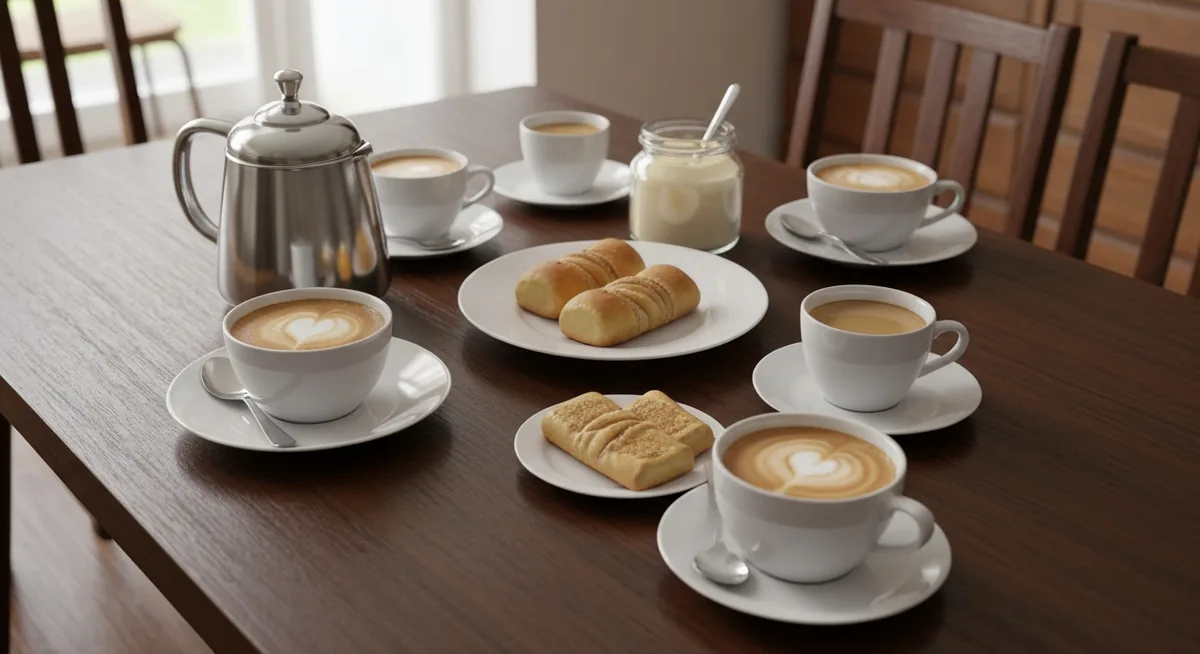 Mesa de café da manhã com jarra e xícaras servidas