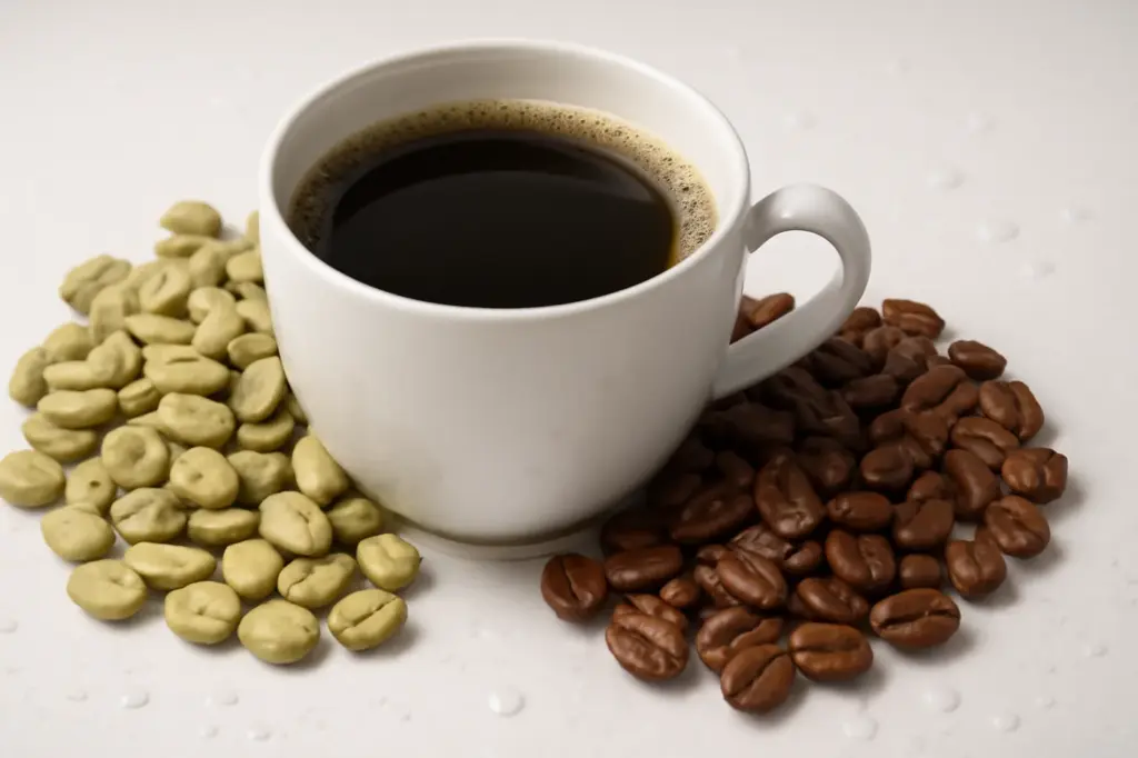 Xícara de café ao lado de grãos verdes e torrados com gotas de água