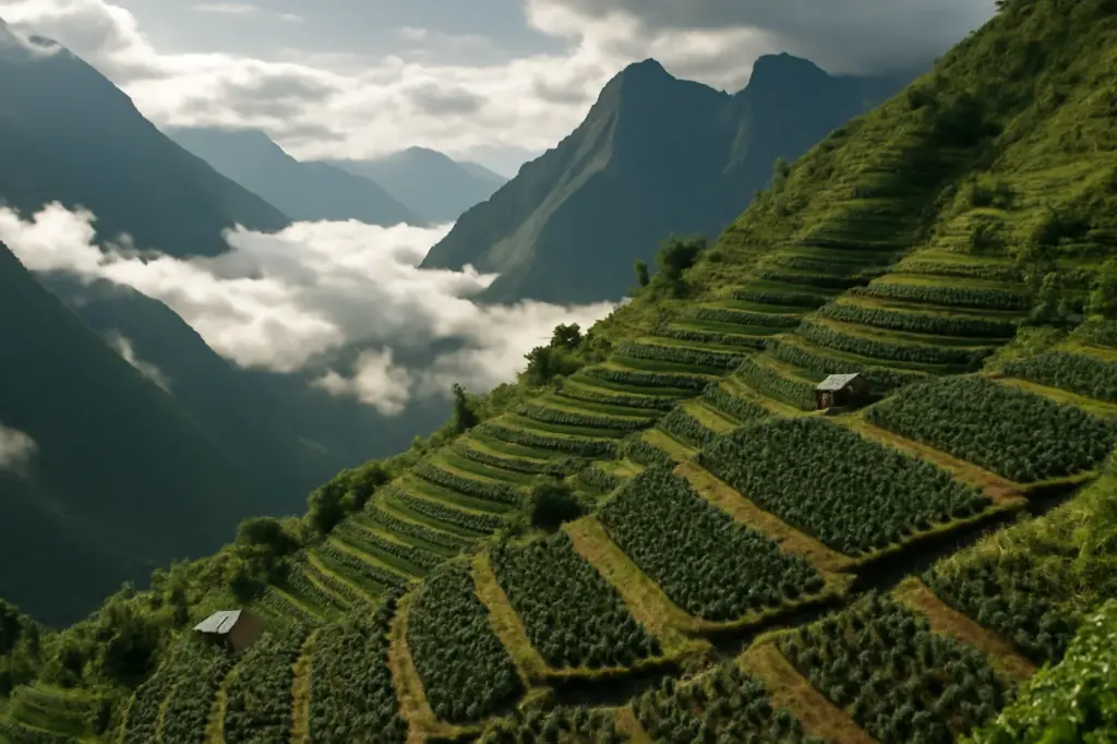 Lavoura de café em terraços nas montanhas altas dos Andes peruanos