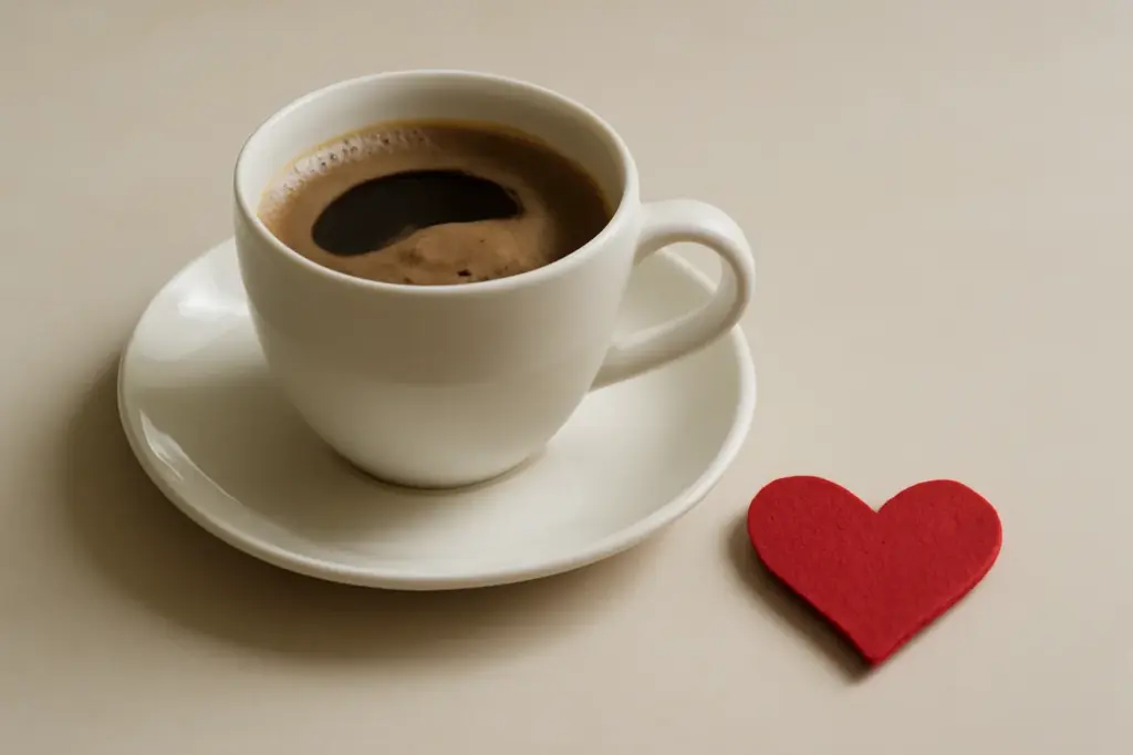 Xícara de café ao lado de um pequeno coração sobre uma mesa clara