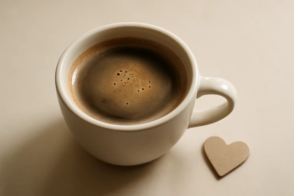 Xícara de café ao lado de um coração desenhado