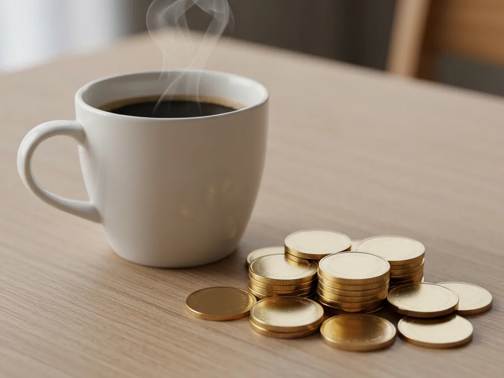 Xícara de café fumegante ao lado de pilha de moedas douradas
