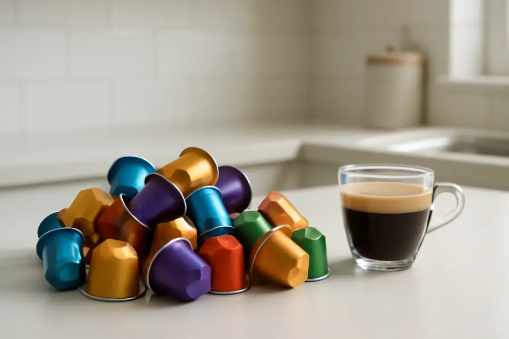 Cápsulas de café coloridas espalhadas ao lado de uma xícara de espresso