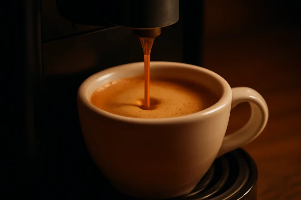 Xícara de espresso sendo preparada numa máquina de cápsula