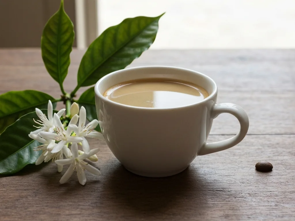 Xícara de café ao lado de flores brancas de cafeeiro sobre mesa rústica