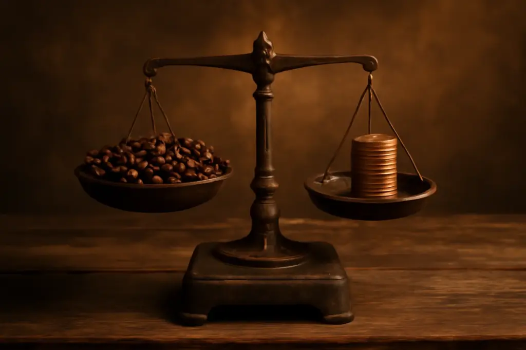 Balança improvisada com grãos de café de um lado e moedas do outro