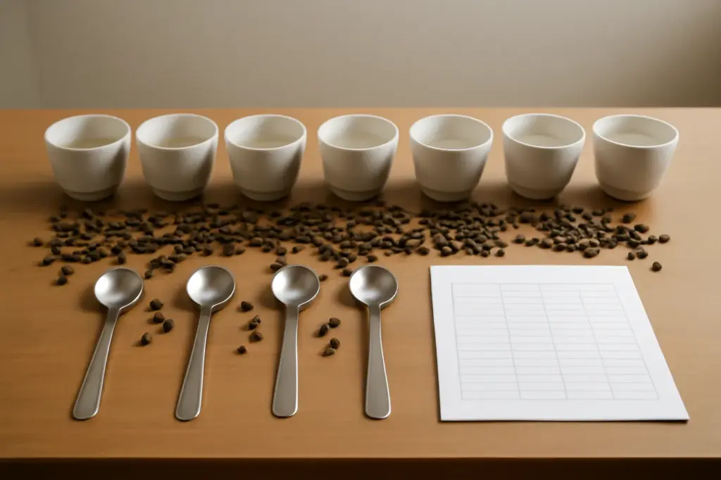 Mesa de prova de café (cupping) com fileira de xícaras e colheres