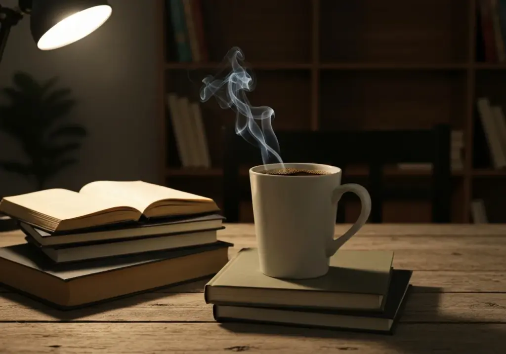 Xícara de café fumegante sobre livros em uma mesa de estudo iluminada por luminária