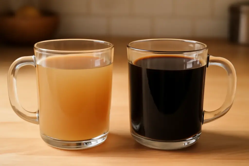Caneca de café fraco e aguado ao lado de uma caneca de café forte e escuro