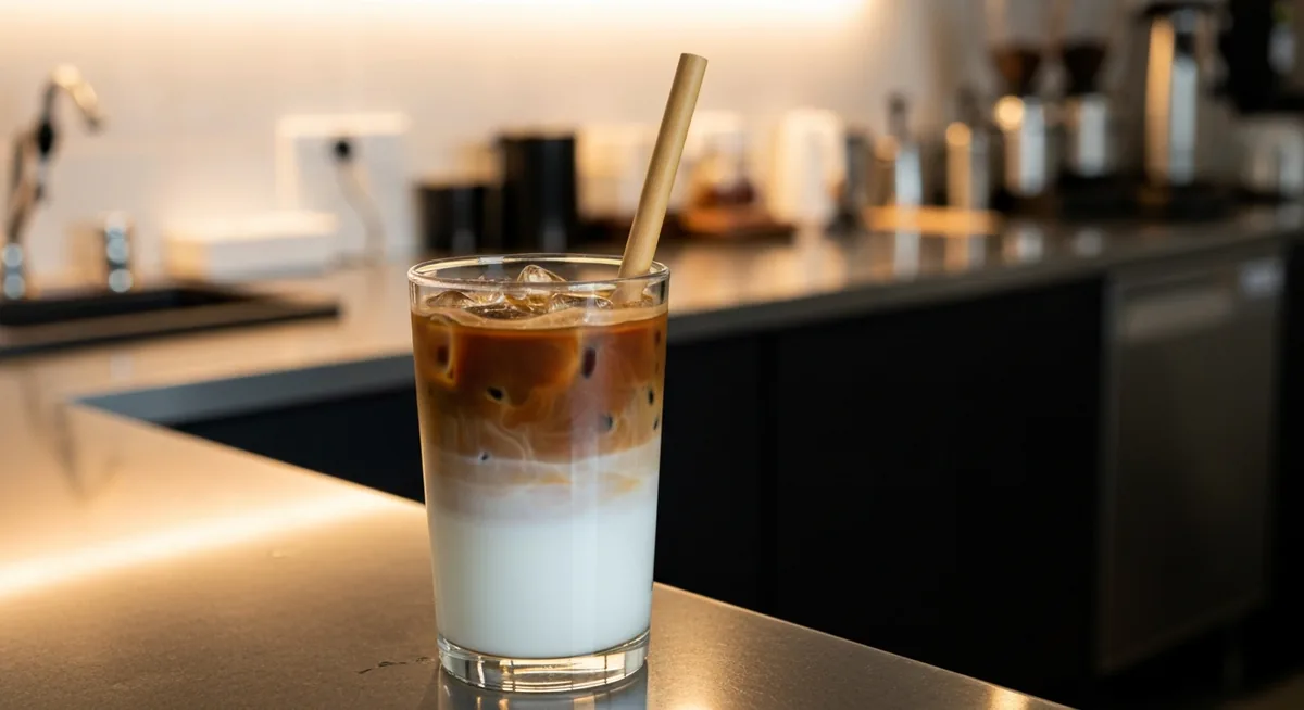 Copo de café gelado com leite em camadas num balcão moderno