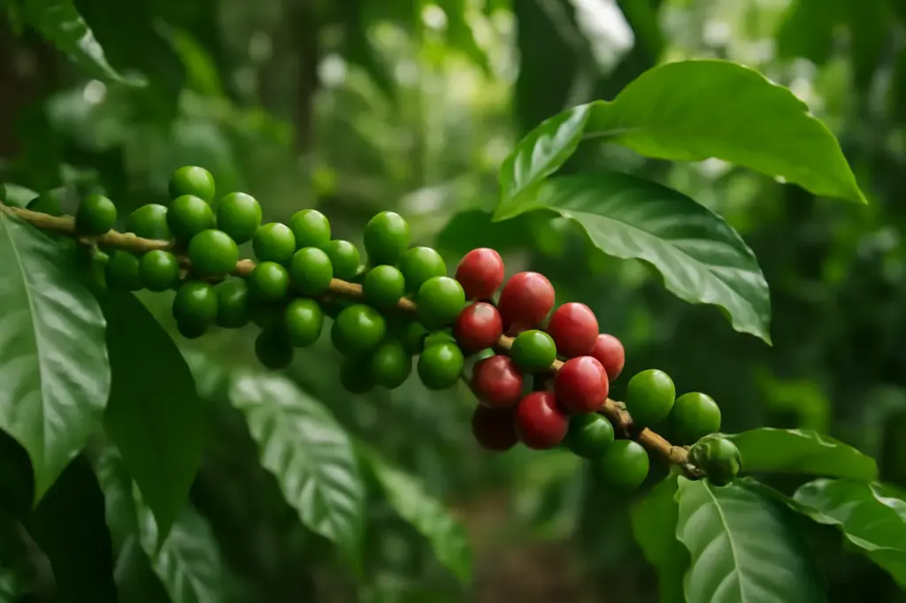 Frutos verdes de café no galho numa lavoura orgânica sombreada