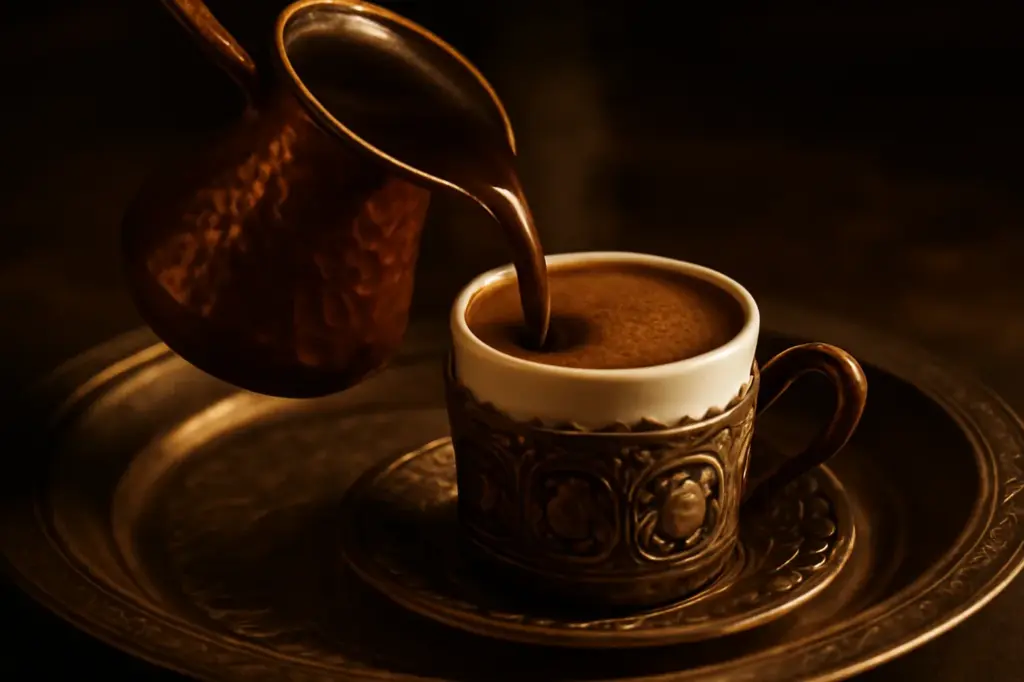 Bule de cobre (cezve) servindo café turco numa xícara pequena decorada