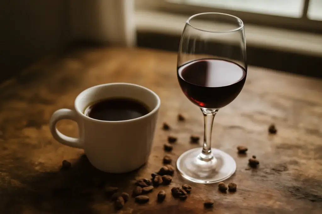 Xícara de café preto ao lado de uma taça de vinho tinto com grãos de café espalhados