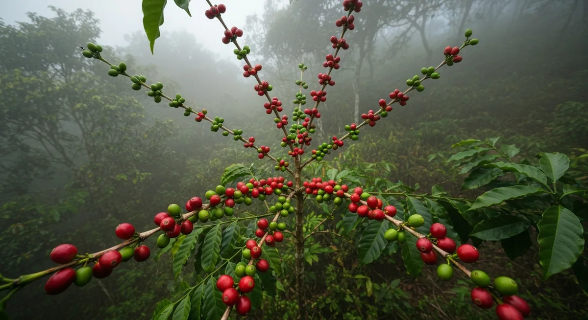 Galho de cafeeiro com cerejas vermelhas e verdes em floresta de montanha com neblina