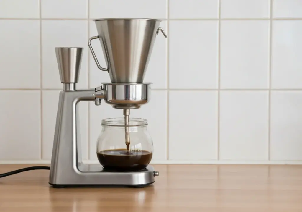 Cafeteira elétrica de filtro apoiada na bancada de cozinha, com a jarra de vidro encaixada recebendo o café