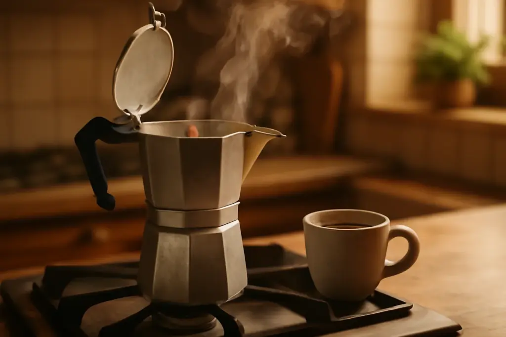 Cafeteira italiana moka no fogão com café saindo e vapor