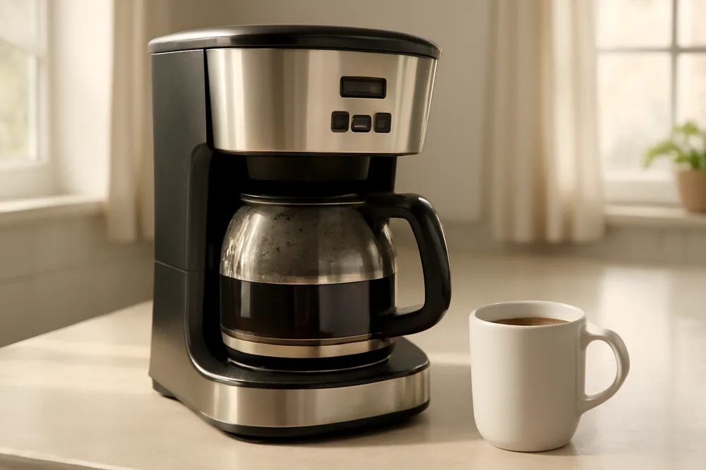 Cafeteira elétrica programável na bancada da cozinha com uma xícara de café