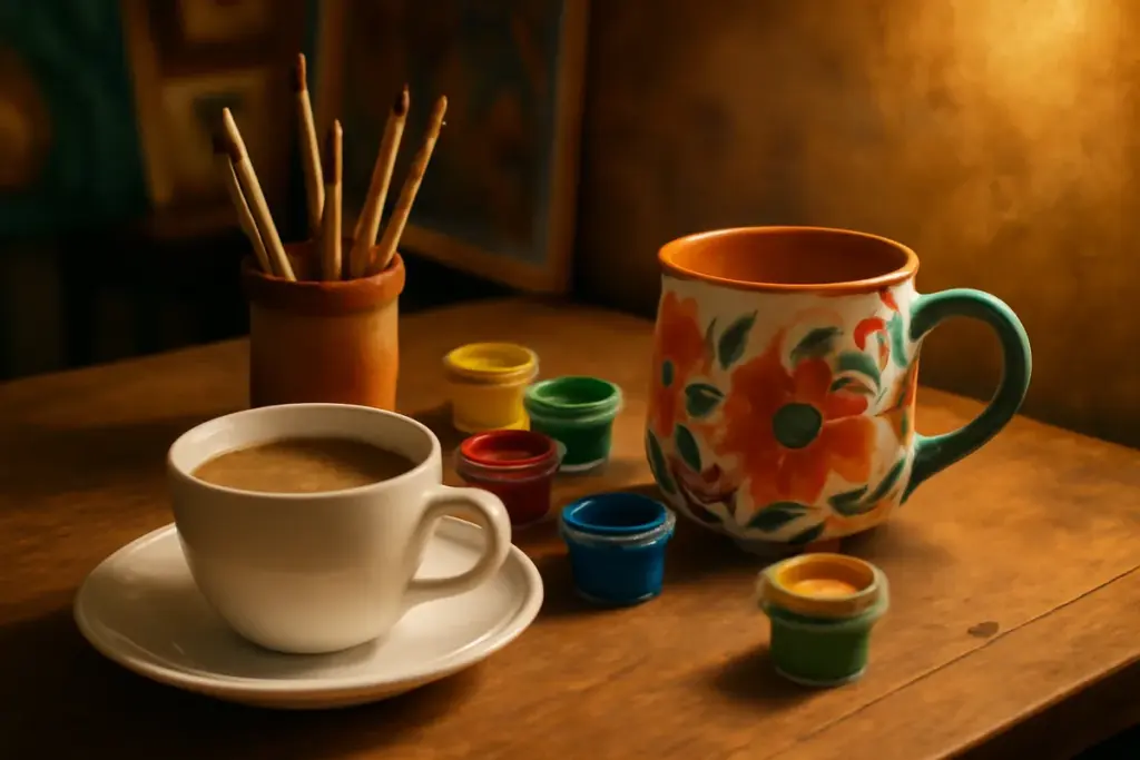 Mesa de cafeteria com xícara de café ao lado de caneca de cerâmica pintada à mão, tintas e pincéis