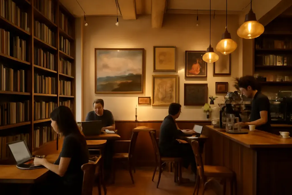 Interior de cafeteria multifuncional com estantes de livros, arte na parede e balcão de café