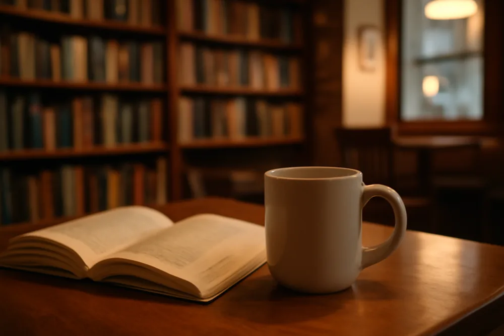 Cafeteria com estantes de livros e mesas de trabalho ao fundo