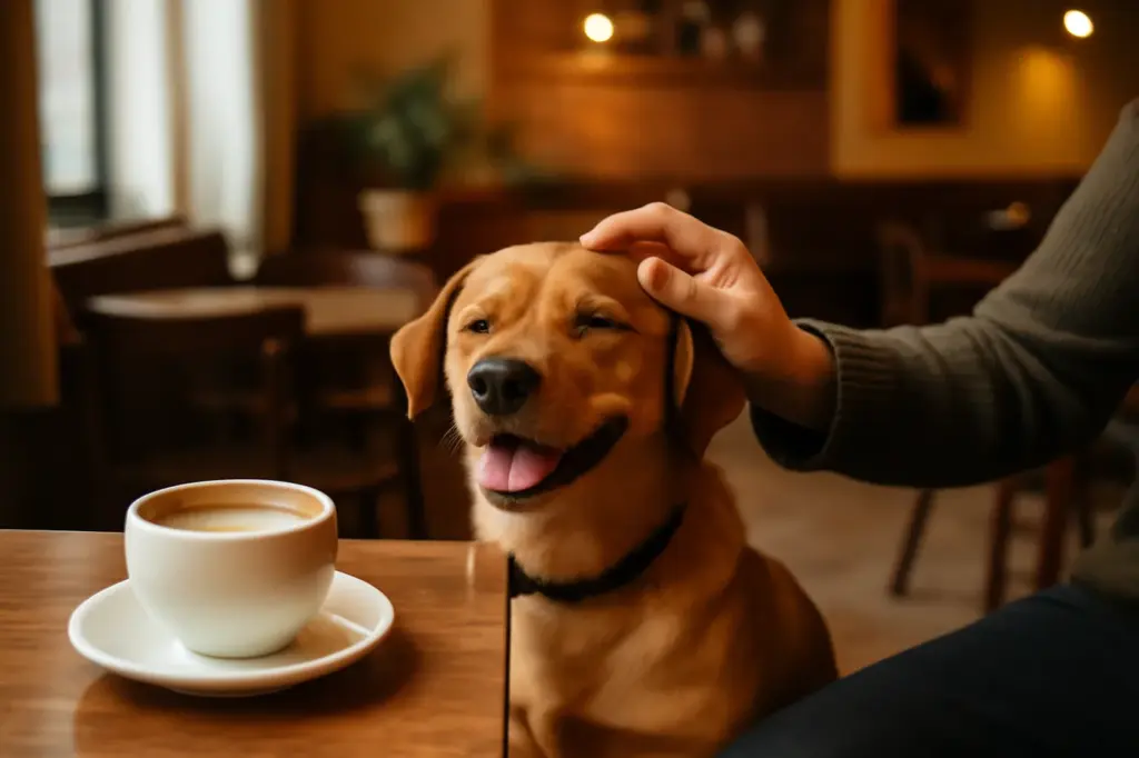 Cachorro sentado ao lado de uma mesa de cafeteria com uma xícara de café