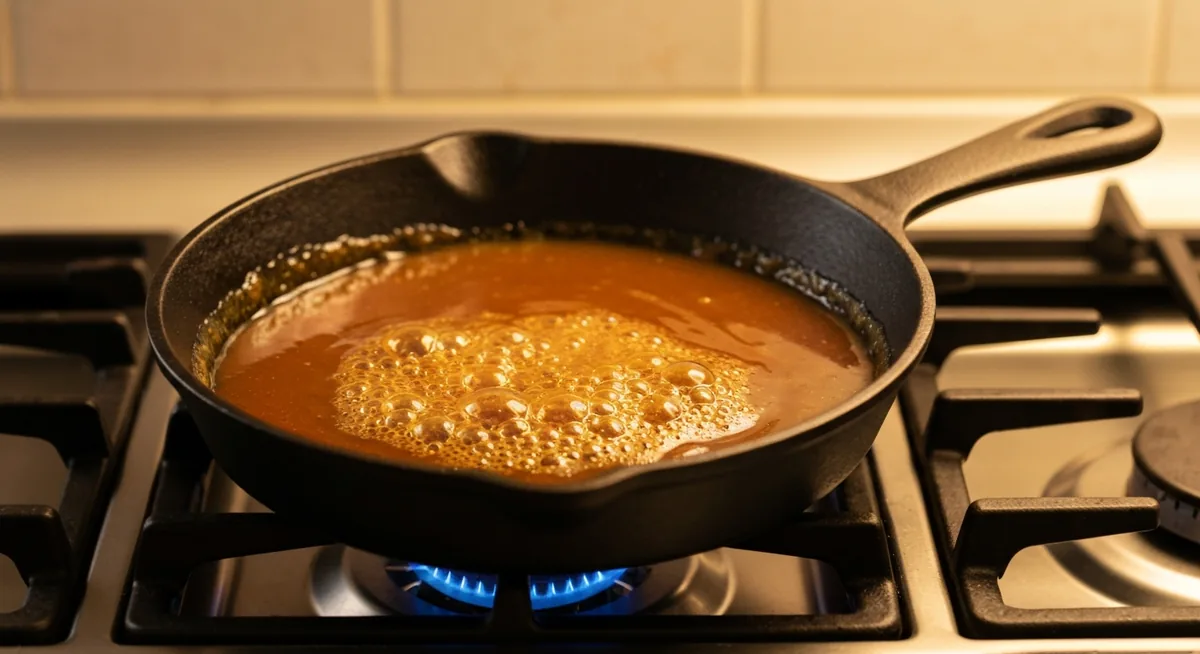Calda de caramelo dourada borbulhando numa panela sobre o fogo