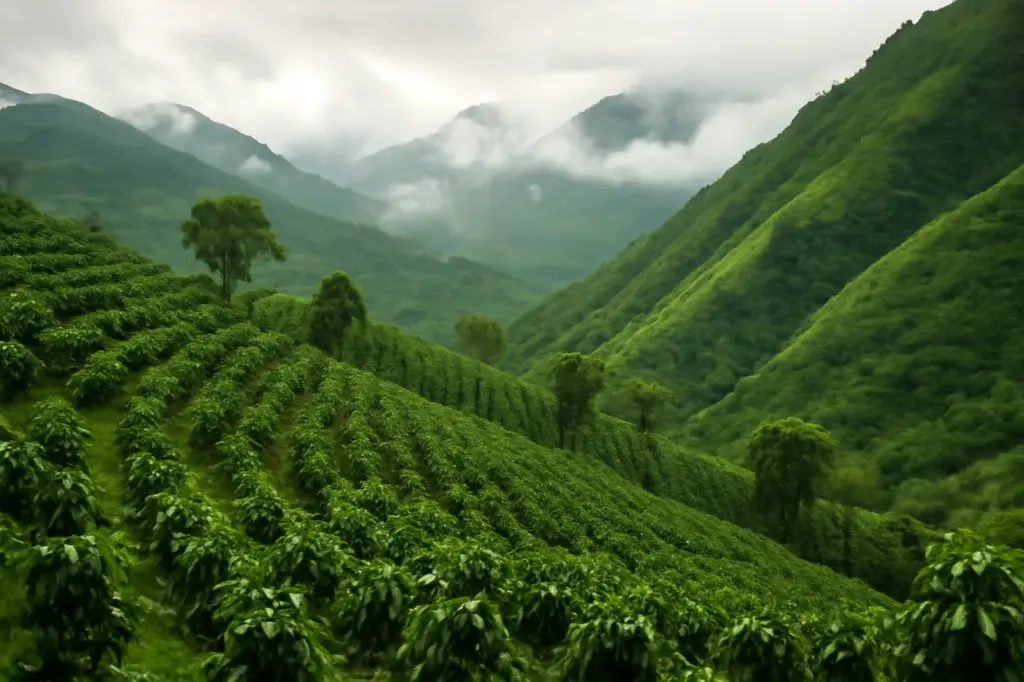 Lavoura de café em encostas verdes de montanha na Colômbia com neblina ao fundo