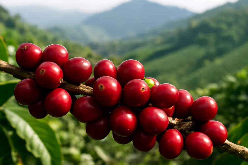 Frutos de café maduros numa lavoura de montanha colombiana