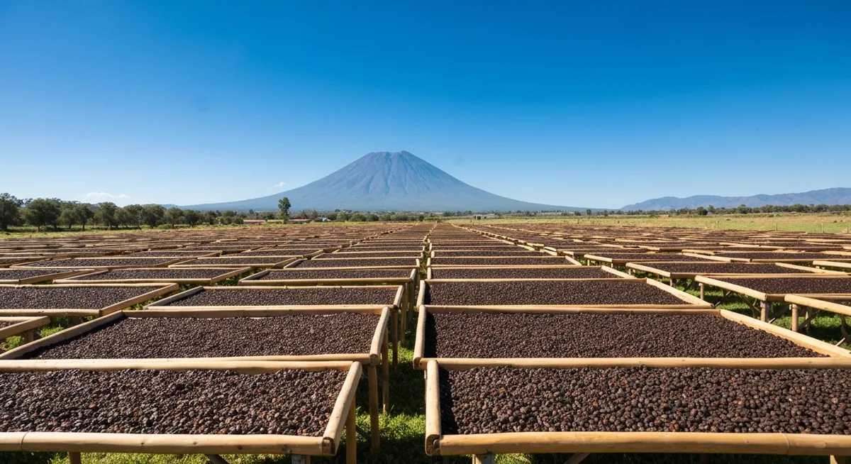 Camas suspensas de secagem de café com montanhas ao fundo