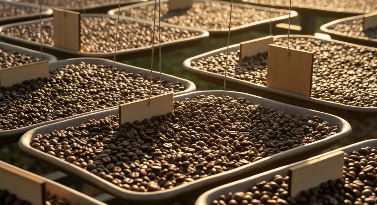 Grãos de café em camas suspensas de secagem com etiquetas de madeira