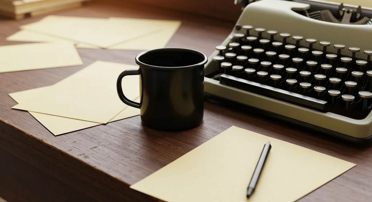 Caneca de café ao lado de máquina de escrever antiga e folhas de papel