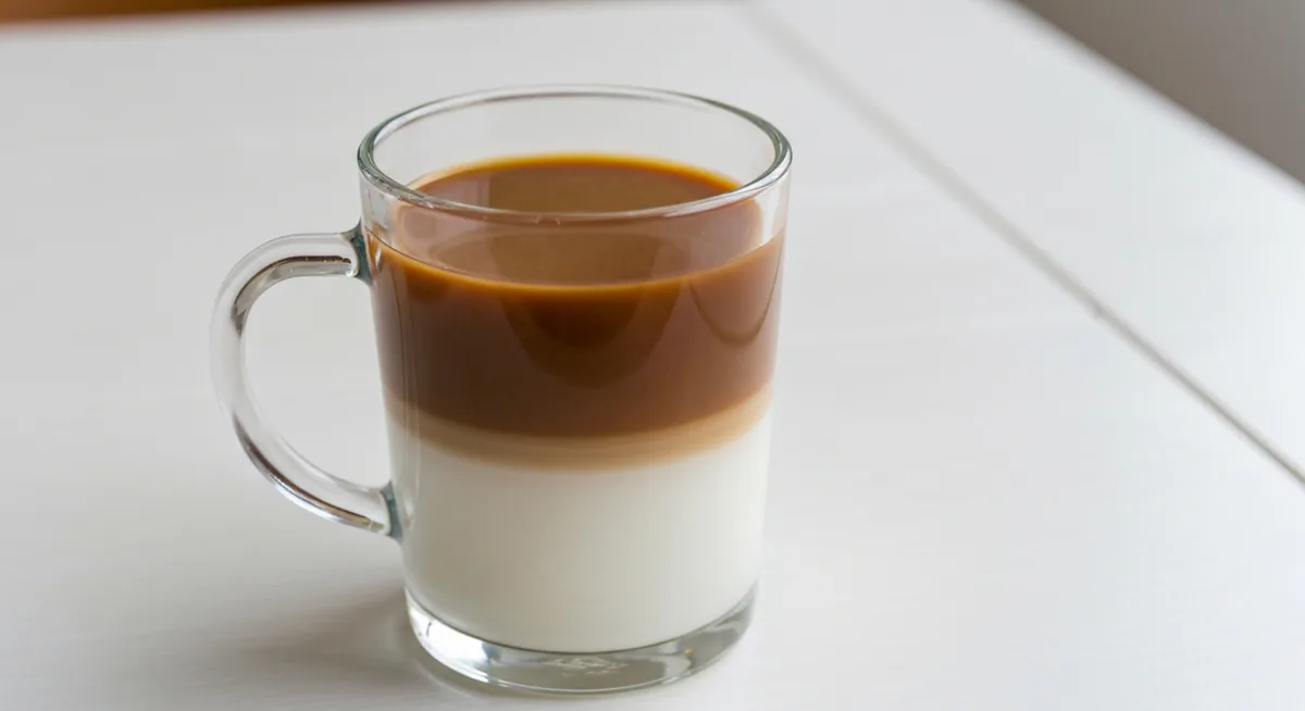 Caneca de vidro transparente com café e leite em camadas