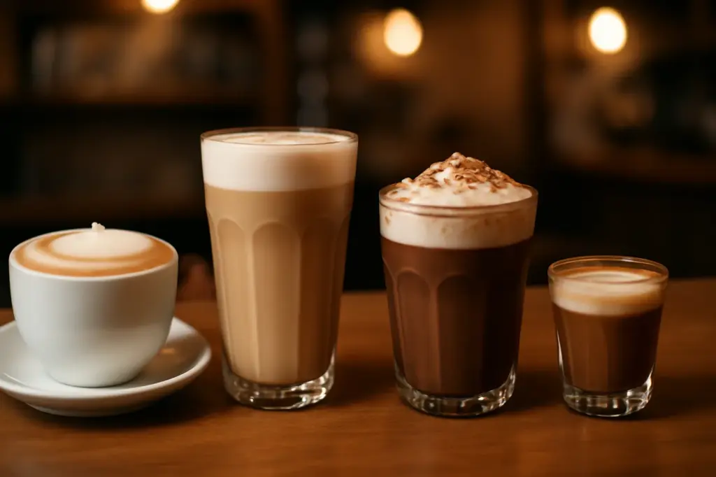 Cappuccino, latte, mocha e macchiato lado a lado num balcão de cafeteria