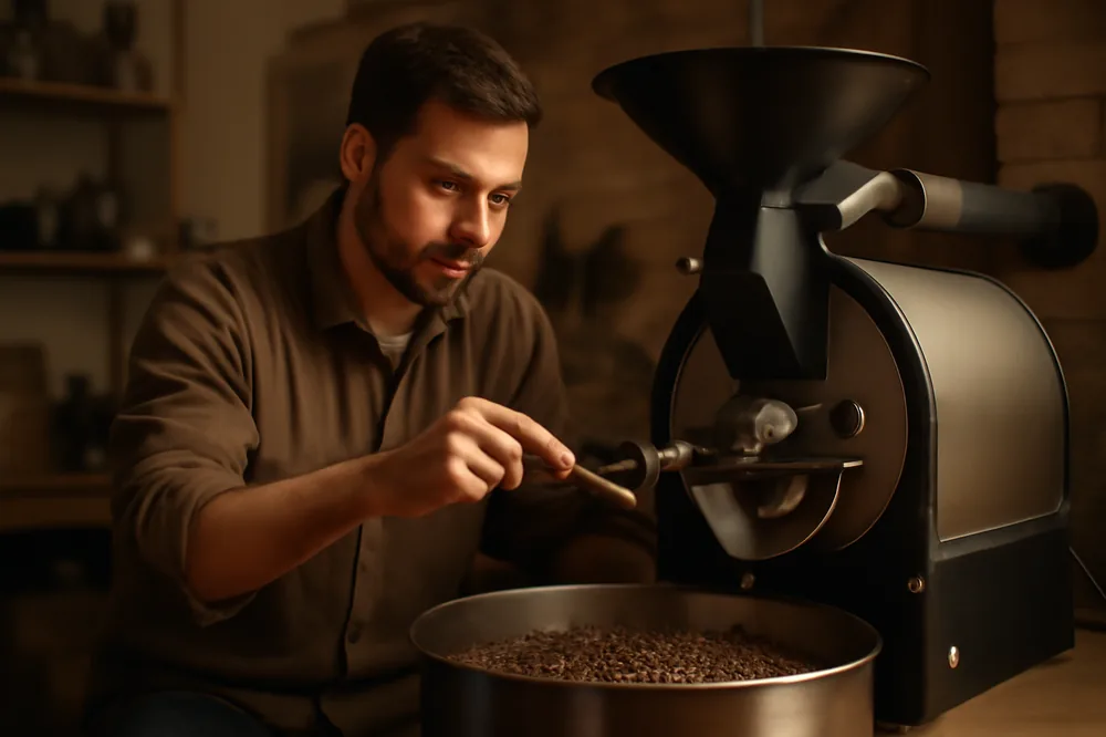 Pessoa torrando café artesanalmente numa pequena torrefação