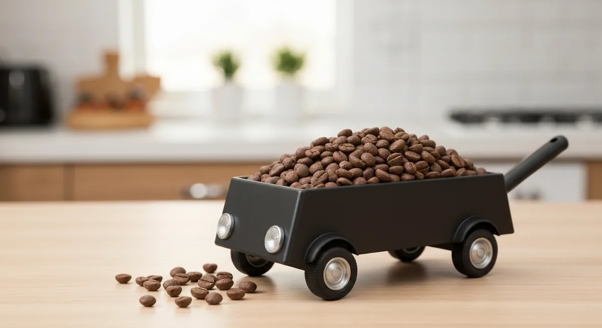 Carrinho em miniatura cheio de grãos de café