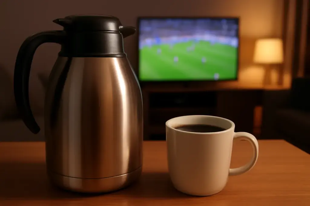 Garrafa térmica e caneca de café na mesa com um jogo de futebol na TV desfocada ao fundo