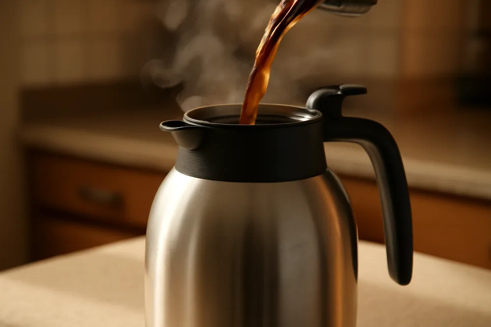 Café sendo despejado numa garrafa térmica sobre a bancada da cozinha