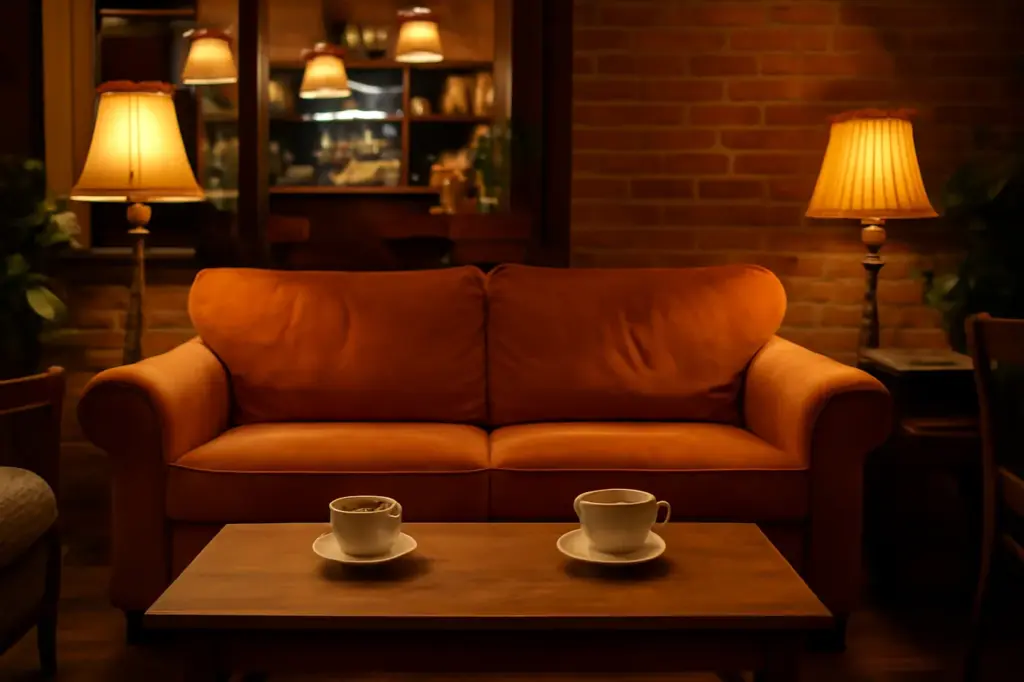Cafeteria temática estilo Central Perk com sofá laranja e xícaras, ambiente aconchegante de série