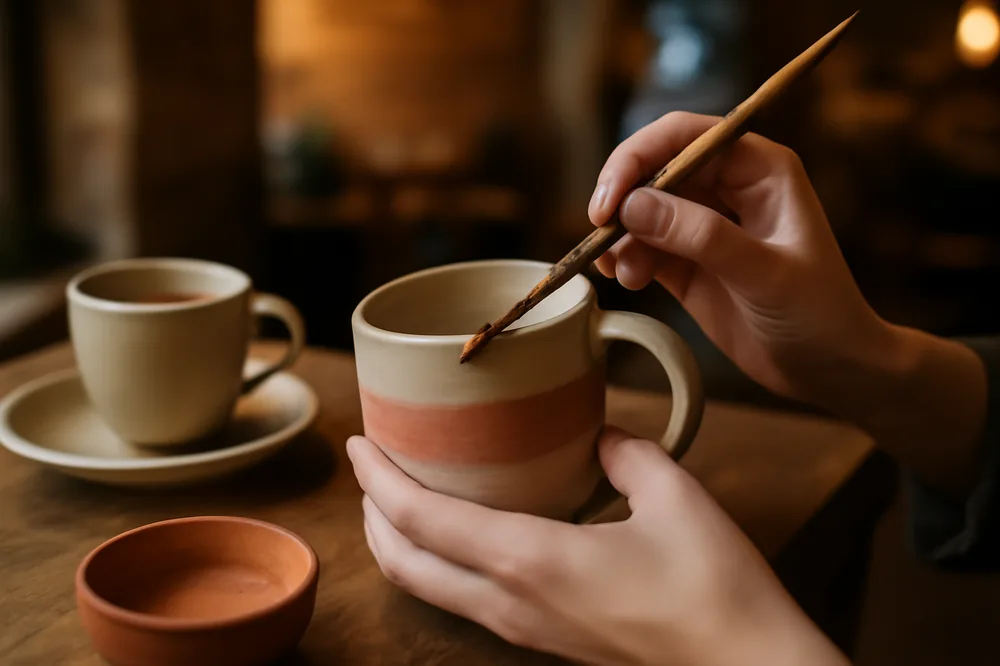 Mãos pintando uma caneca de cerâmica com um café ao lado