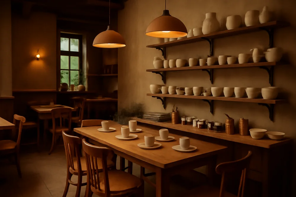 Interior de cafeteria com um canto de oficina de cerâmica