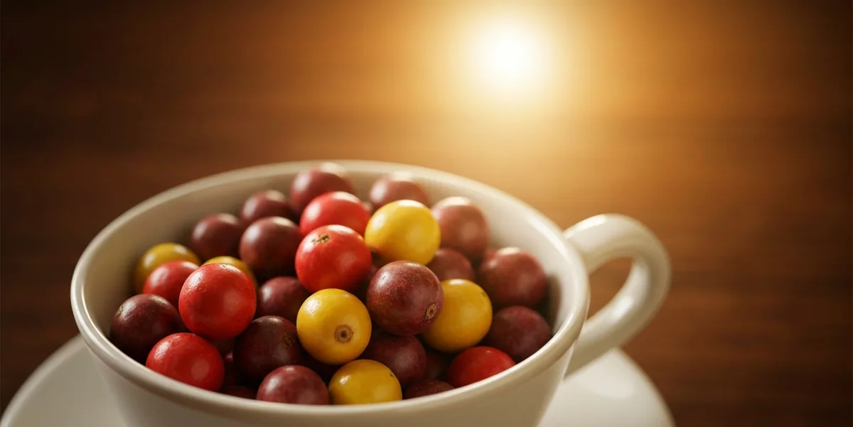 Cerejas de café recém-colhidas na lavoura