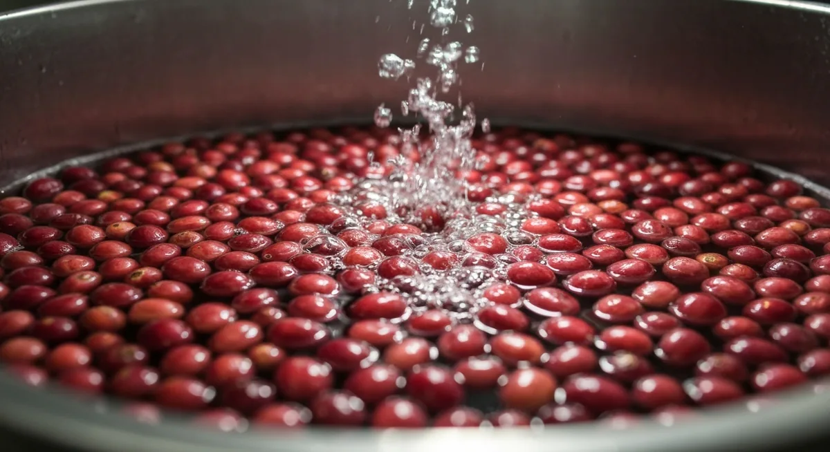 Cerejas de café vermelhas submersas em água dentro de um tanque