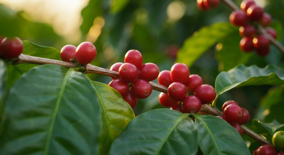 Cerejas de café maduras no galho do cafeeiro