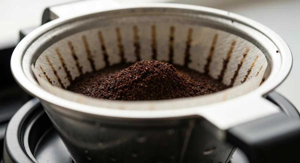 Close do cesto de filtro de papel de uma cafeteira elétrica com pó de café