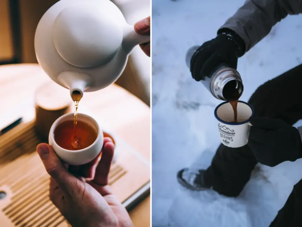 Montagem: chá servido em xícara ao lado de café despejado de garrafa térmica na neve