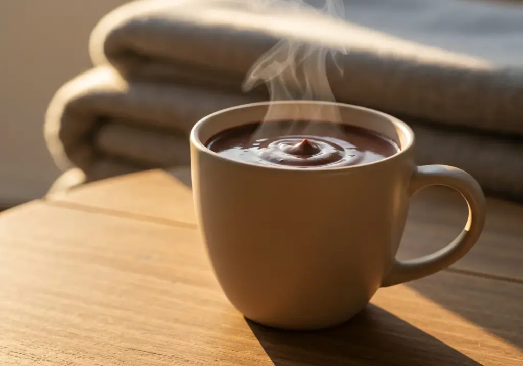 Caneca de cerâmica com chocolate quente cremoso sobre mesa de madeira, cobertor ao fundo
