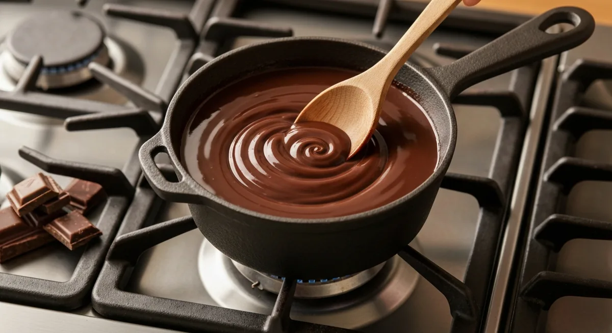 Panela no fogão com chocolate quente sendo mexido por colher de pau