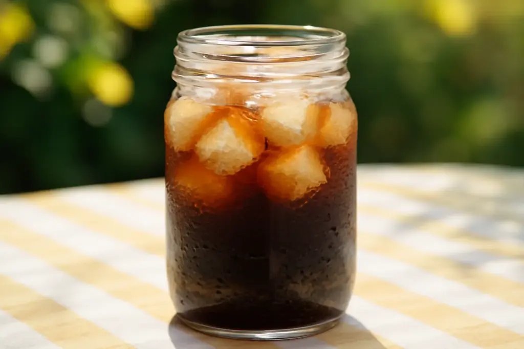 Jarra de cold brew com gelo e café moído se depositando no fundo