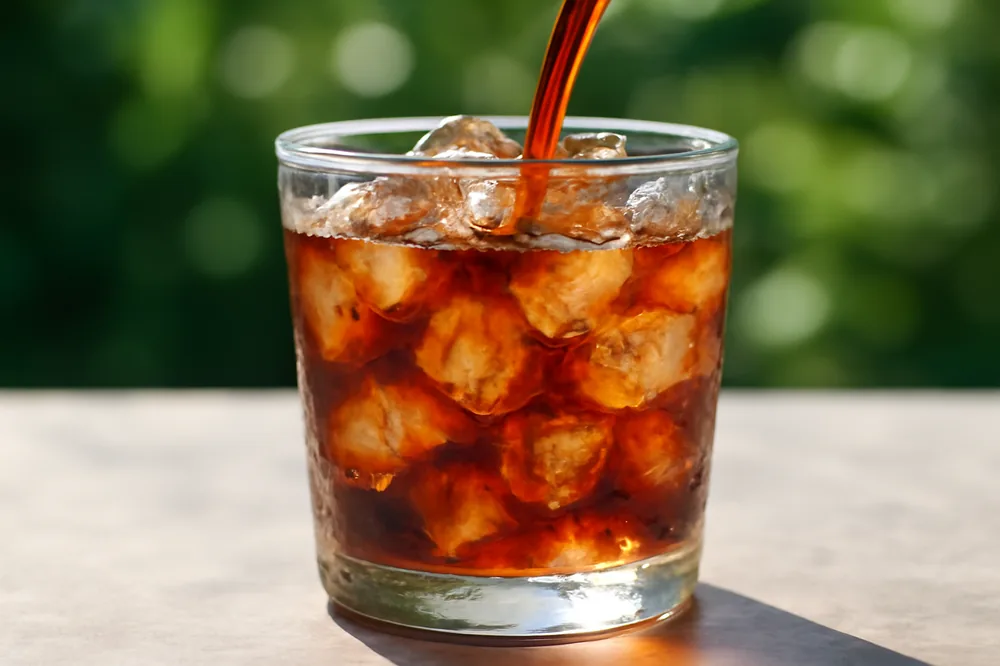 Jarra de vidro com cold brew e gelo sobre a mesa
